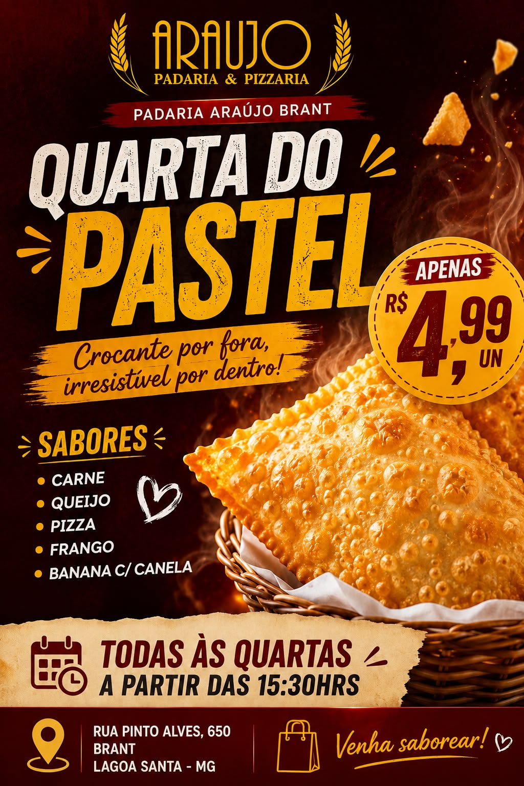 Quarta do Pastel: R$ 4,99 por unidade, a partir das 15h30