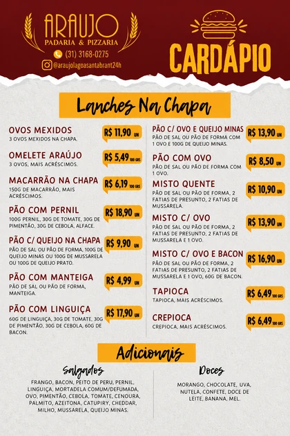 Cardápio de lanches na chapa da Araújo