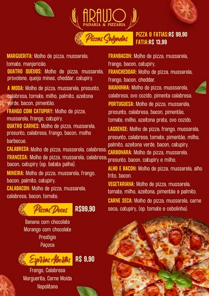 Cardápio de pizzas e esfirras da Araújo
